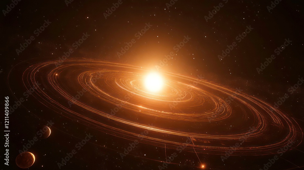 Poster bright star with multiple planetary rings in space.