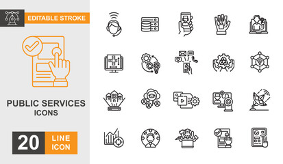 Public services line editable icon set. Government, handshake, law, protection, punishment and more line icons