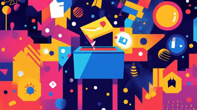 A vibrant depiction of a ballot box with a voting slip being placed inside, surrounded by civic icons