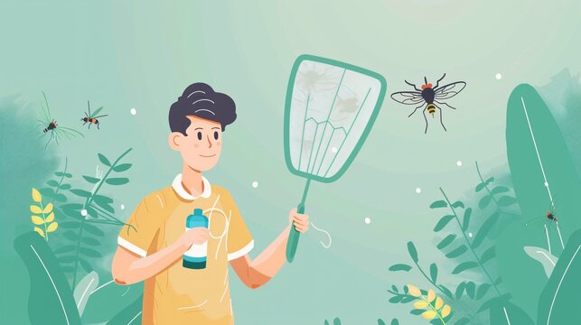 Man with Fly Swatter and Mosquito Repellent Flat Vector Illustration