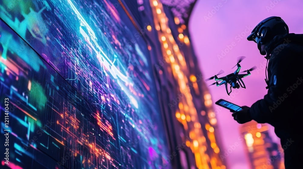 Poster a vibrant depiction of a drone operator controlling the device with a remote, displayed on a bright 