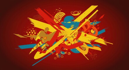 Abstract Red and Gold Burst: A vibrant explosion of red, yellow, and blue abstract shapes, creating a dynamic and energetic composition on a deep red background.