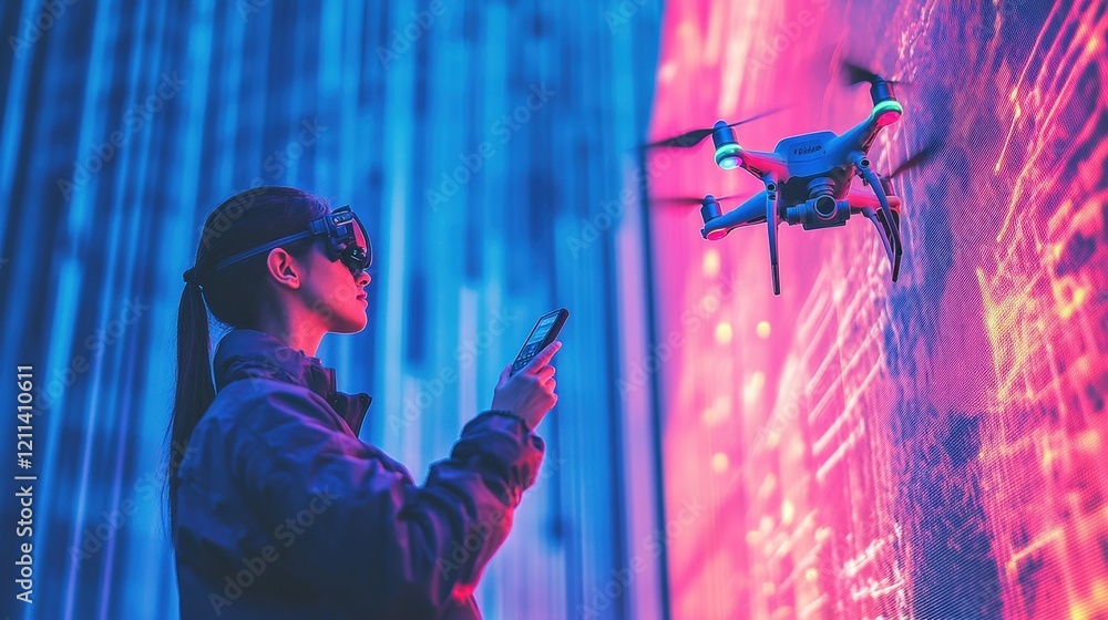 Poster a vibrant depiction of a drone operator controlling the device with a remote, displayed on a bright 