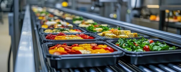 Food automation concept. Freshly prepared meals on a conveyor belt in a modern kitchen environment.