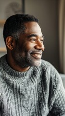 Mature african male smiling indoors in cozy sweater