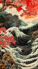 Obraz premium Traditional Japanese Landscape with Waves, Cherry Blossoms, and Mountain Scenery