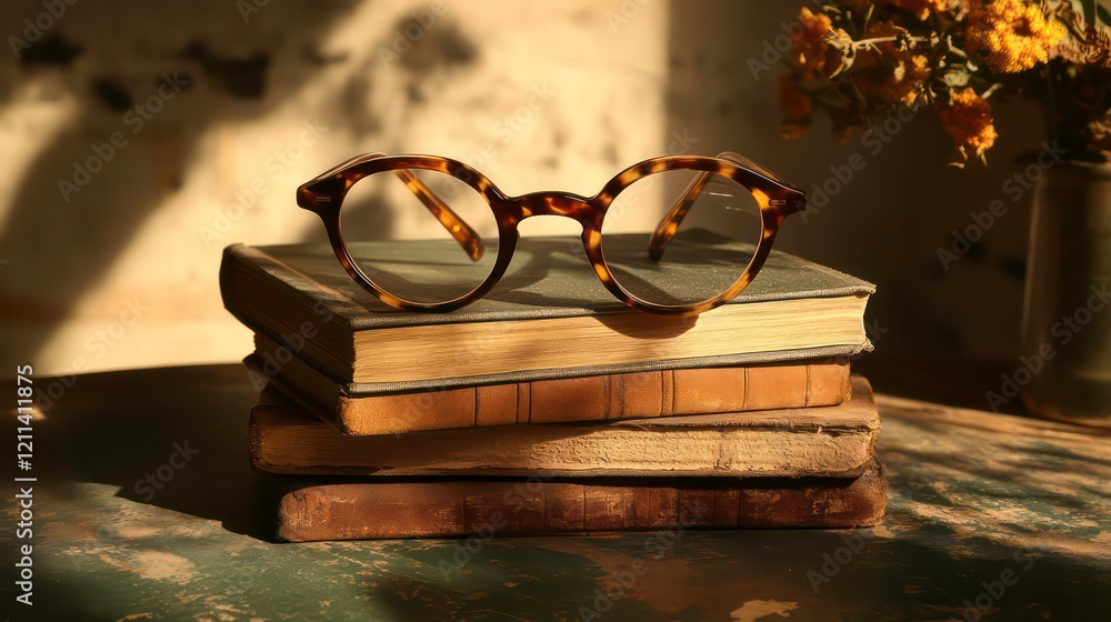 Poster tortoise shell glasses rest on a stack of vintage books in warm sunlight.
