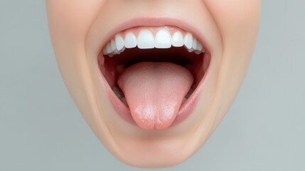 Fototapeta premium Detailed closeup of woman mouth, study of tongue texture and oral health 