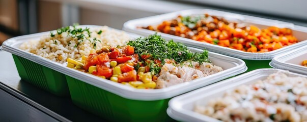 Meals delivery concept. Delicious healthy meal prep in vibrant containers showcasing fresh ingredients.