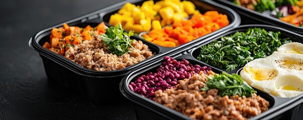 Meals delivery concept. Colorful meal prep boxes filled with healthy ingredients for a nutritious diet.