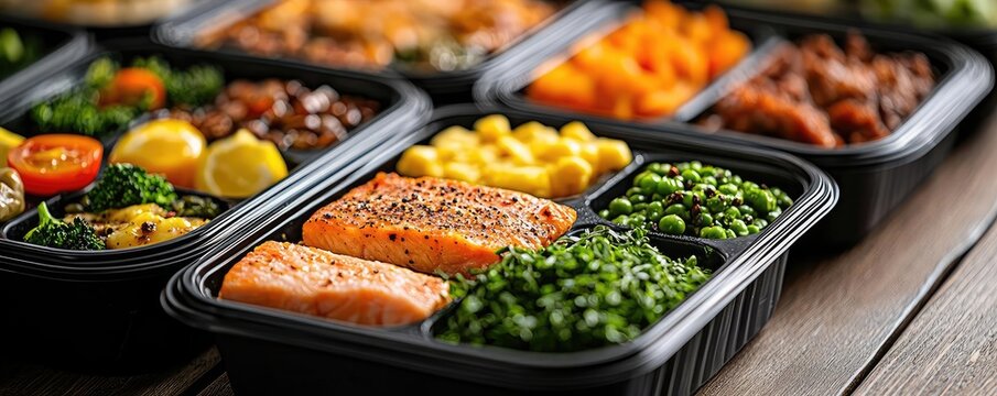 Meals delivery concept. Delicious, prepared meals in black containers filled with fresh, vibrant ingredients.