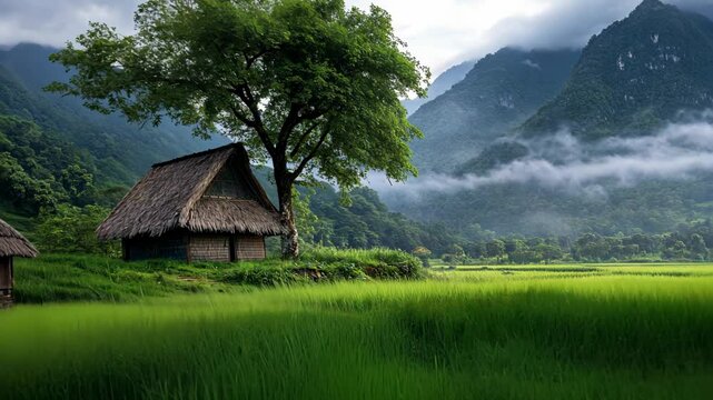  Traditional cottage at Southeast Asia countryside with rice field, sustainable lifestyle scenery no people