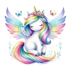 A colorful, winged unicorn with a rainbow mane and tail, adorned with flowers and surrounded by butterflies.