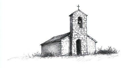 Obraz premium Stone Chapel with Bell Tower in Grassy Field
