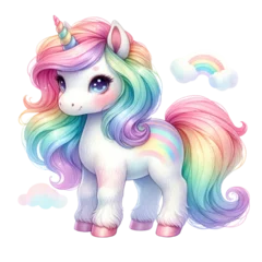 Ingelijste posters Eenhoorn A colorful unicorn with a flowing mane and tail, featuring pastel shades and a shiny horn, exuding a magical, whimsical charm.  © Pixie