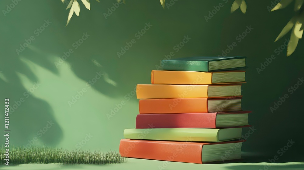 Poster stack of colorful books under leaves and sunlight.