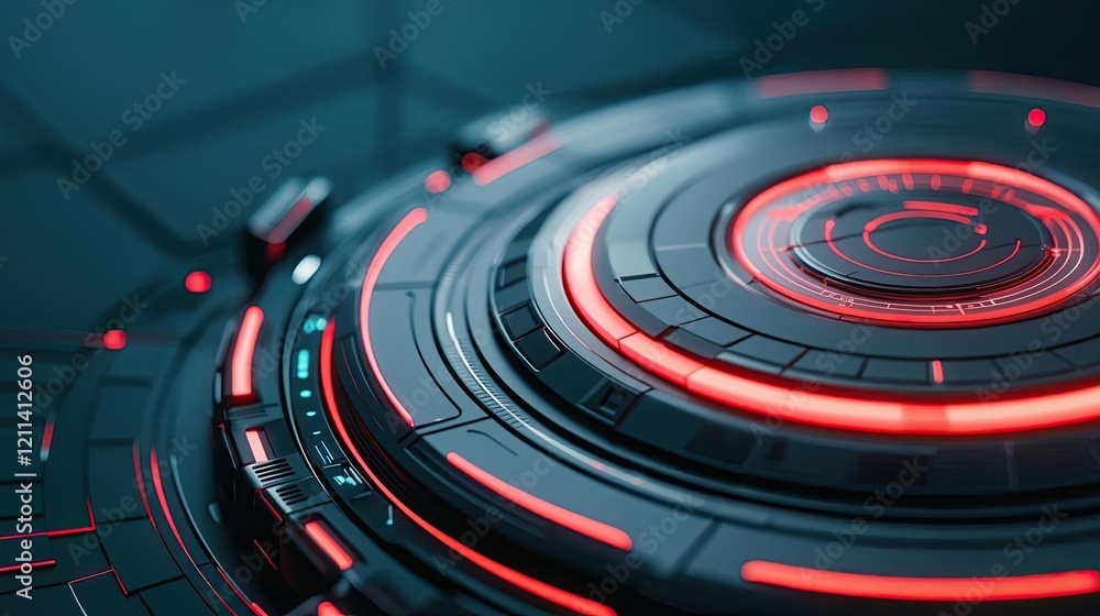 Aufkleber virtual education idea. futuristic interface design with circular patterns and glowing red accents.