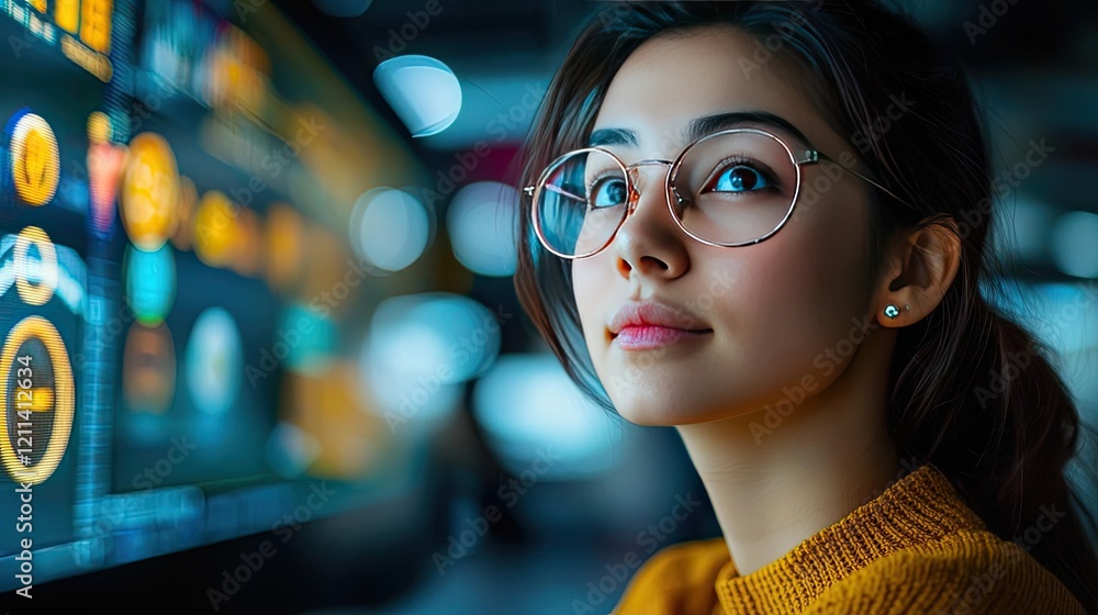 Poster education idea. young woman using advanced technology to analyze data in a modern workspace.