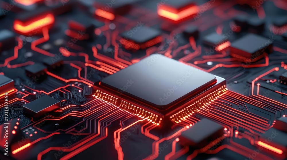 Poster Virtual education idea. Close-up of a modern microprocessor on a circuit board with intricate red lighting.