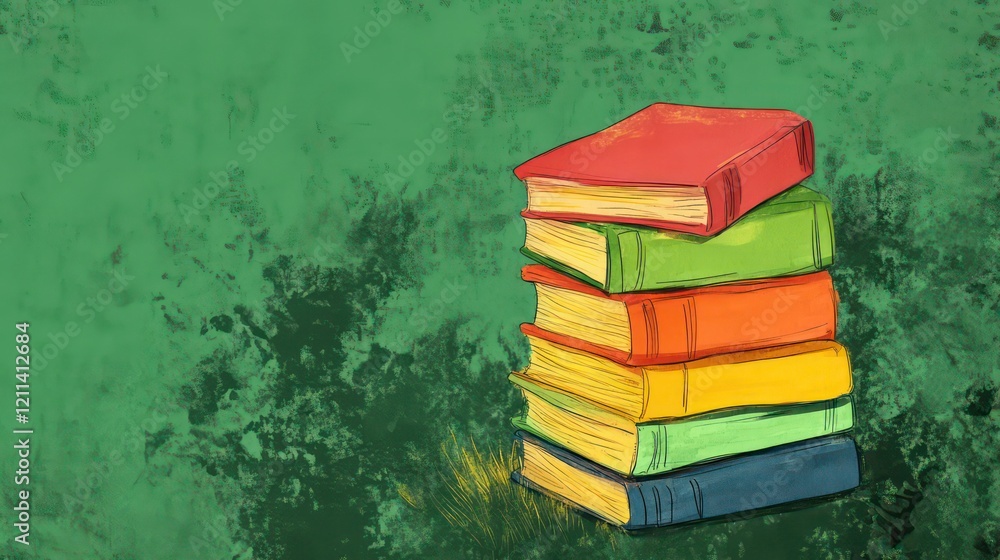 Poster stack of colorful books on green textured background.