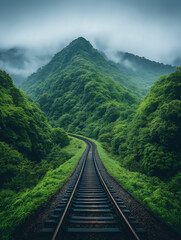 Fototapeta premium Path Through Verdant Mountains: A winding railway track disappears into the mist, leading through a picturesque landscape of lush, verdant mountains.