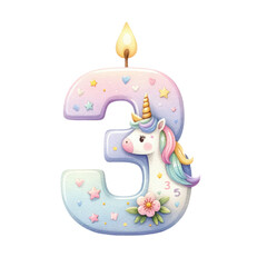 A colorful unicorn-themed birthday candle shaped like the number three, adorned with stars, flowers, and a lit wick on top.