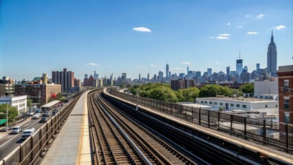 Obraz premium Elevated subway with blue sky and city views, urban landscape, panoramic view, city streets, elevated subway