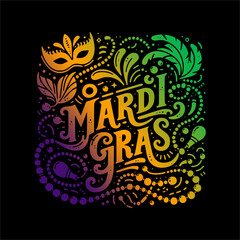 Mardi Gras celebration poster with mask, beads, and colorful swirls on black background
