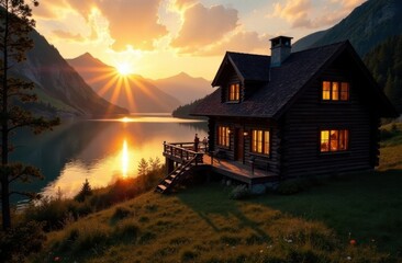 Rustic lake house at sunset . Advertising of real estate by the lake. A summer evening. Vacation in the country. Journeys. Mountain Lake
