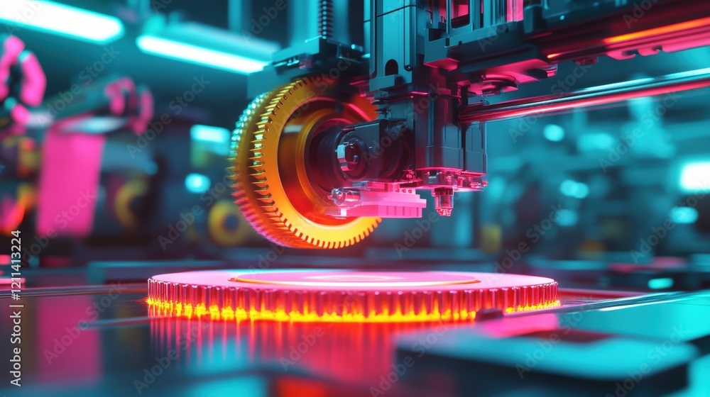 Poster a vibrant depiction of an industrial-scale 3d printer creating a large mechanical component