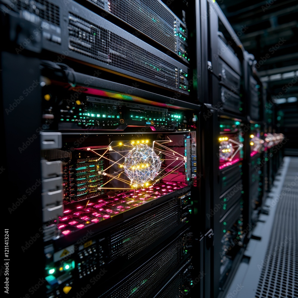 Poster futuristic quantum computer data center network ai server room technology