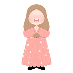 A joyful young girl beams with happiness as she gives a warm handshake to celebrate Eid al-Fitr. Her radiant smile and vibrant clothing capture the spirit of this joyous occasion