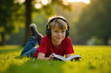 A boy with headphones is reading a book on the grass. Children's leisure
