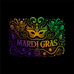 Mardi Gras festive graphic with masks beads and musical instruments in vibrant gradient colors