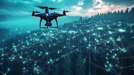 Fototapeta premium A drone is flying over a forest with a network of lights below it