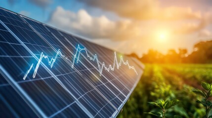 Solar panel energy graph in a field at sunset.