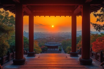 Sunset view from temple stairs, city below.