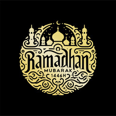 Golden Ramadan Mubarak design with mosque and moon on black background