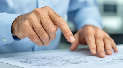 Architect pointing at blueprint, detailing construction plan and design, discussing engineering project