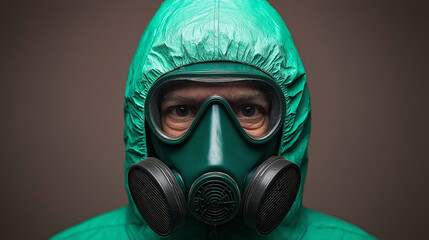 The Masked Guardian: A haunting portrait of a person shrouded in a green hazmat suit and a gas mask, their eyes peering through the lenses, reflecting a sense of both vulnerability and resilience.