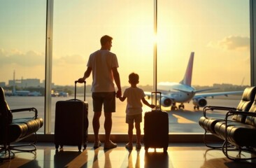 Dad and son with a suitcase at the airport. Traveling with a child . Summer vacation