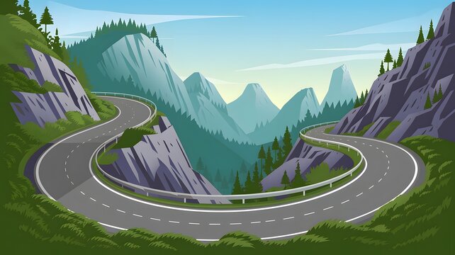 An animated depiction of a convoluted route with mountains in the backdrop