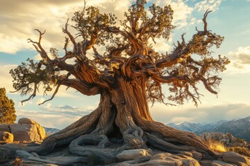 A majestic ancient tree with gnarled branches and a thick trunk stands proudly against a dramatic sky, showcasing its resilience in a rugged landscape, surrounded by distant mountains