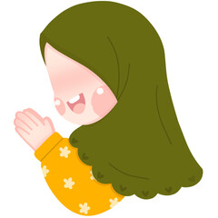 A joyful young girl beams with happiness as she gives a warm handshake to celebrate Eid al-Fitr. Her radiant smile and vibrant clothing capture the spirit of this joyous occasion