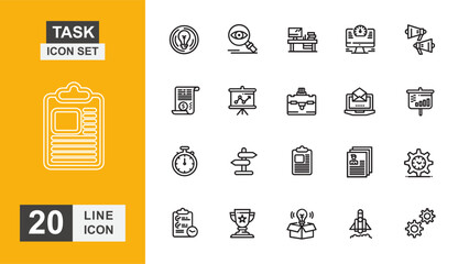 Task management icon set. Document, data, list, analysis and more line icons