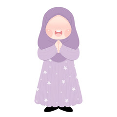 A young girl Muslim child wearing traditional clothing smiles and says 