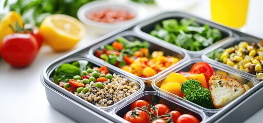 Plant based food idea. A colorful meal prep container filled with fresh vegetables and nutritious grains.