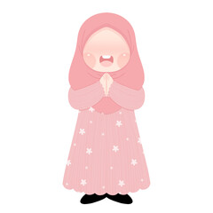 A young girl Muslim child wearing traditional clothing smiles and says 