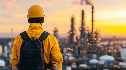 Engineer at Sunset: A lone engineer, seen from behind, stands silhouetted against the fiery backdrop of a refinery at sunset, contemplating the industrial landscape.