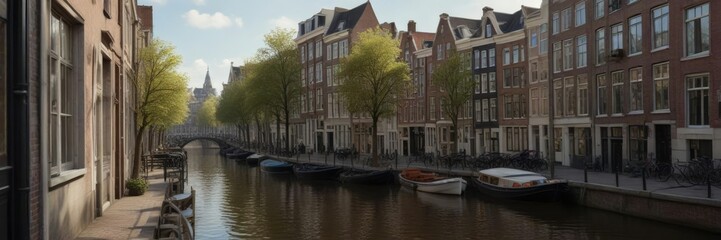 Obraz premium Cozy Amsterdam townhouse with a warm and inviting atmosphere and a view of the canals, warm lighting, canal view, soft colors